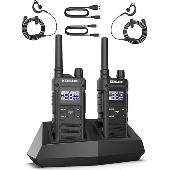 KETELESE T3G IP67 Waterproof Walkie Talkies for Adults, Heavy Duty 2 Way Radios with Earpiece, Three Charging Options, GMRS Radio, USB, NOAA, VOX(2 Pack), Black/Grey
