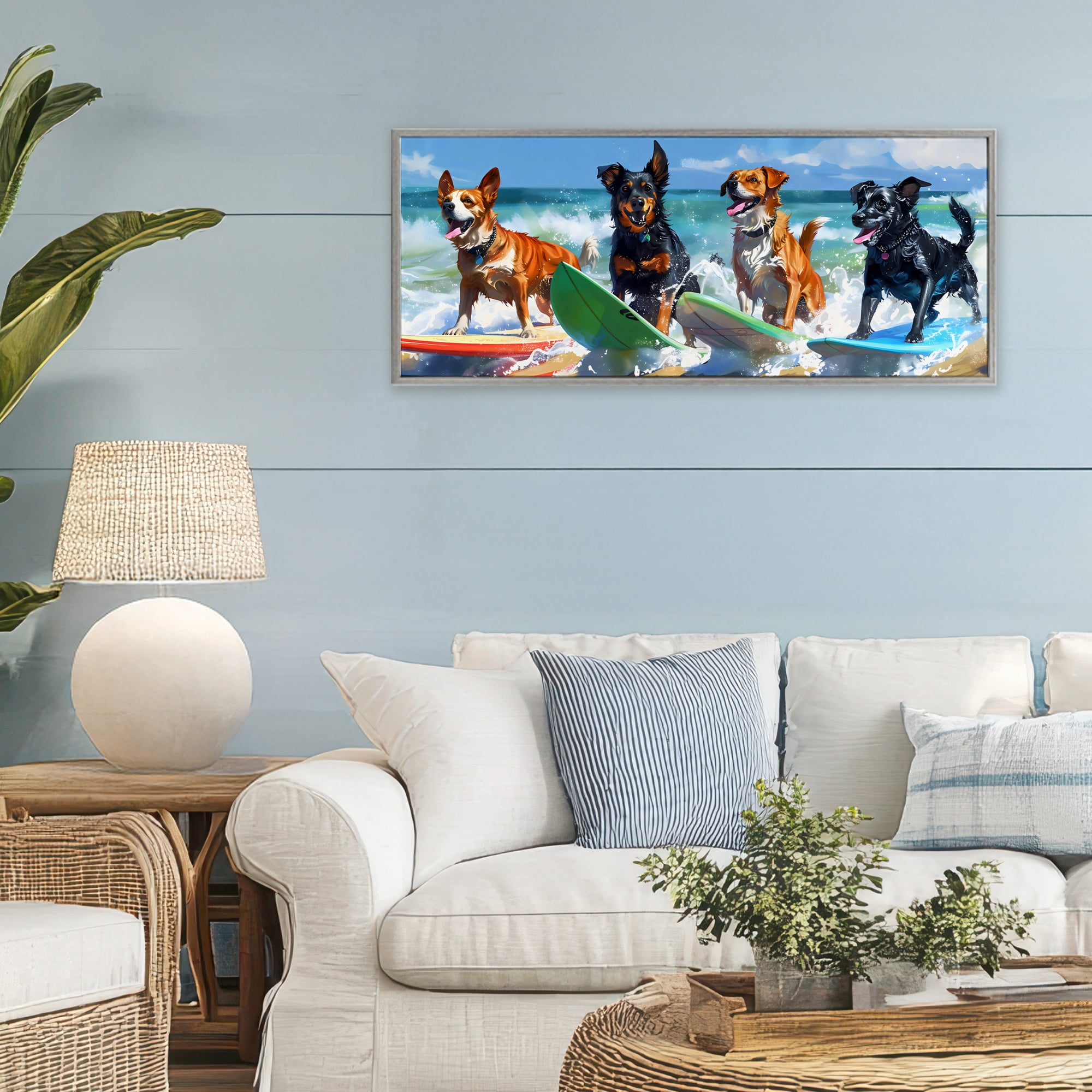 Stupell Industries Dogs on Surfboards Summer Fun Gray Framed Giclee Art, design by Creative Studio
