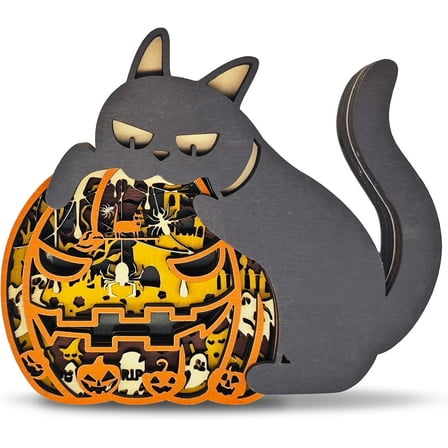 3D Wooden Animals Carving, Halloween Cat and Pumpkin Decoration, Multi-Layered Wood Carved Decor, Statue Rustic Figurine Wall Hanging Sculpture, Silhouette Ornament for Living Room Bedroom Home Room