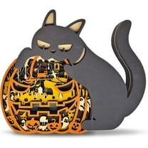 3D Wooden Animals Carving, Halloween Cat and Pumpkin Decoration, Multi-Layered Wood Carved Decor, Statue Rustic Figurine Wall Hanging Sculpture, Silhouette Ornament for Living Room Bedroom Home Room