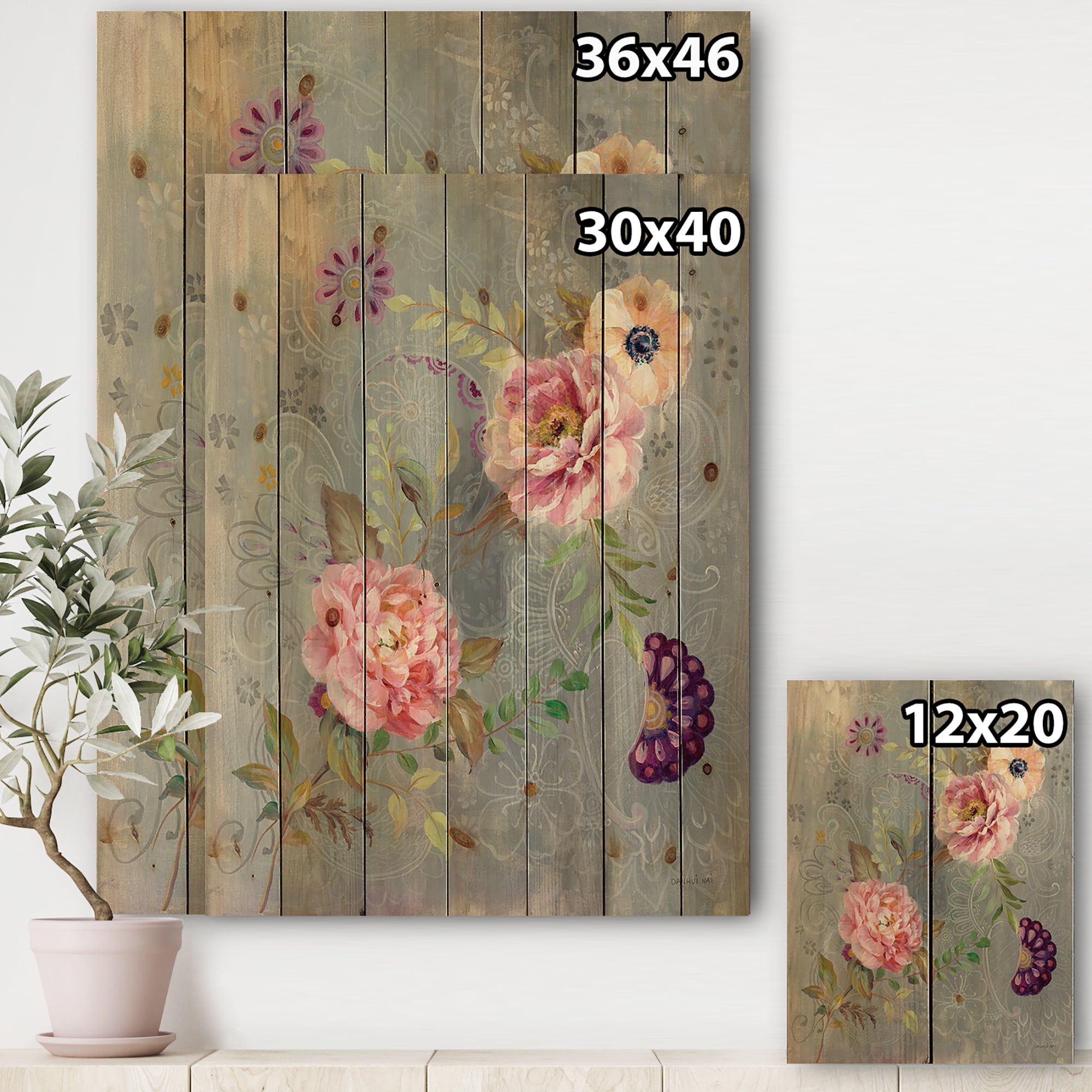 Designart 'Paisley and Peonies' Cabin & Lodge Print on Natural Pine Wood