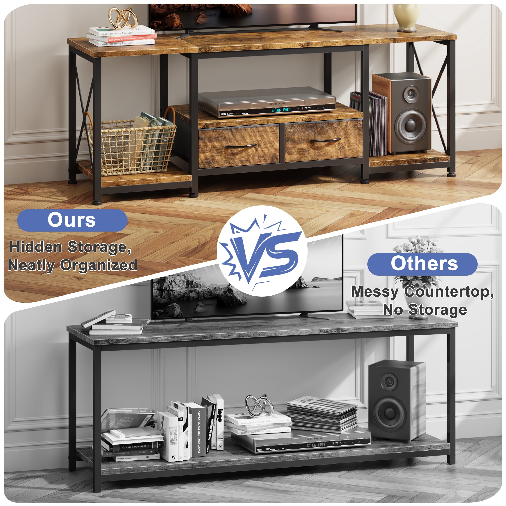HIGDBFE TV Stand for TVs up to 55" with 2 Fabric Drawers, Industrial Entertainment Center with Open Shelves and Led Lights for Living Room Bedroom, Rustic Brown