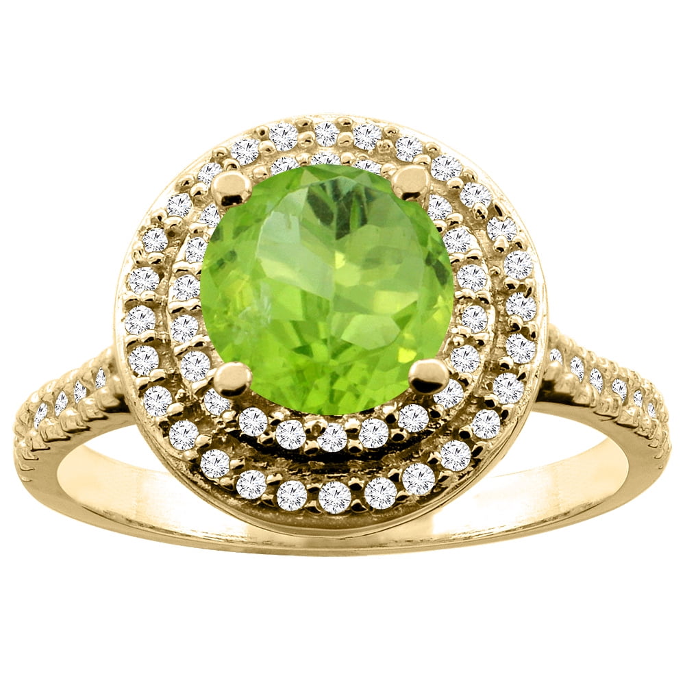 10K White Yellow Gold Natural Peridot Double Halo Ring Round 7mm Diamond Accent, sizes 5 10 by WorldJewels