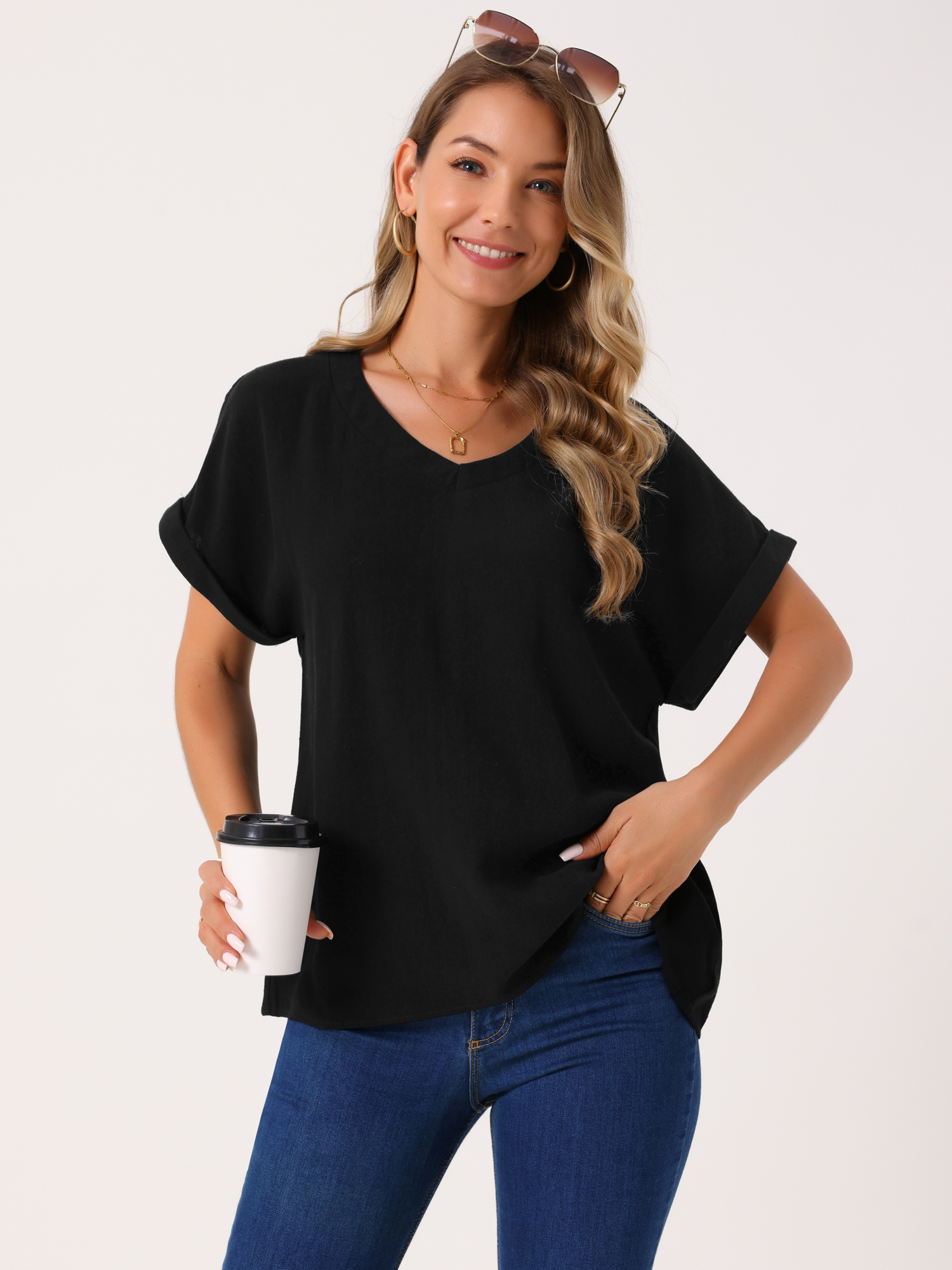 DARING DIVA Women's Linen Shirts Short Sleeve V Neck Blouse XL Black