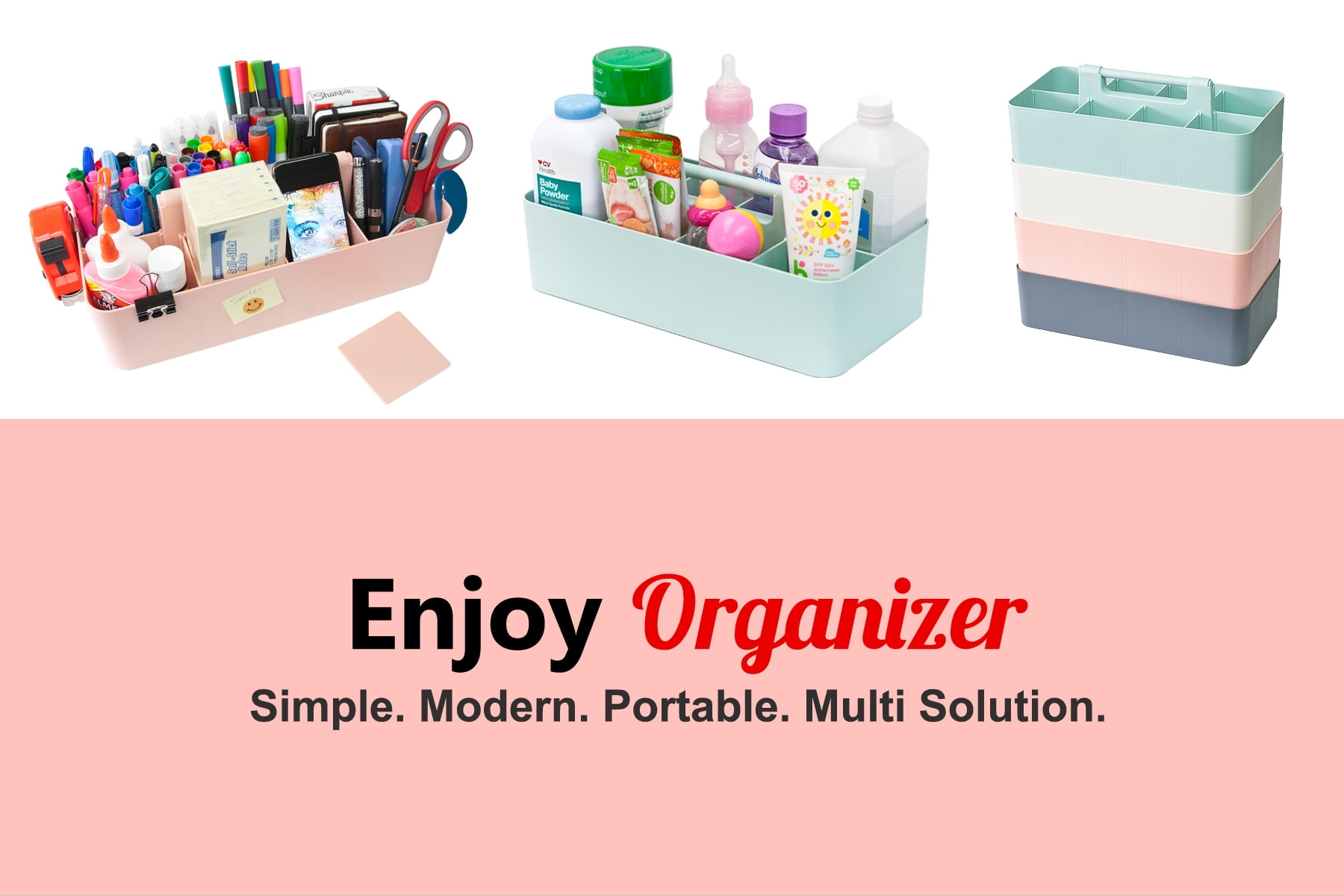 Enjoy Organizer Plastic Caddy Storage Baskets with Handles, 3 Pack, Mint Made In USA