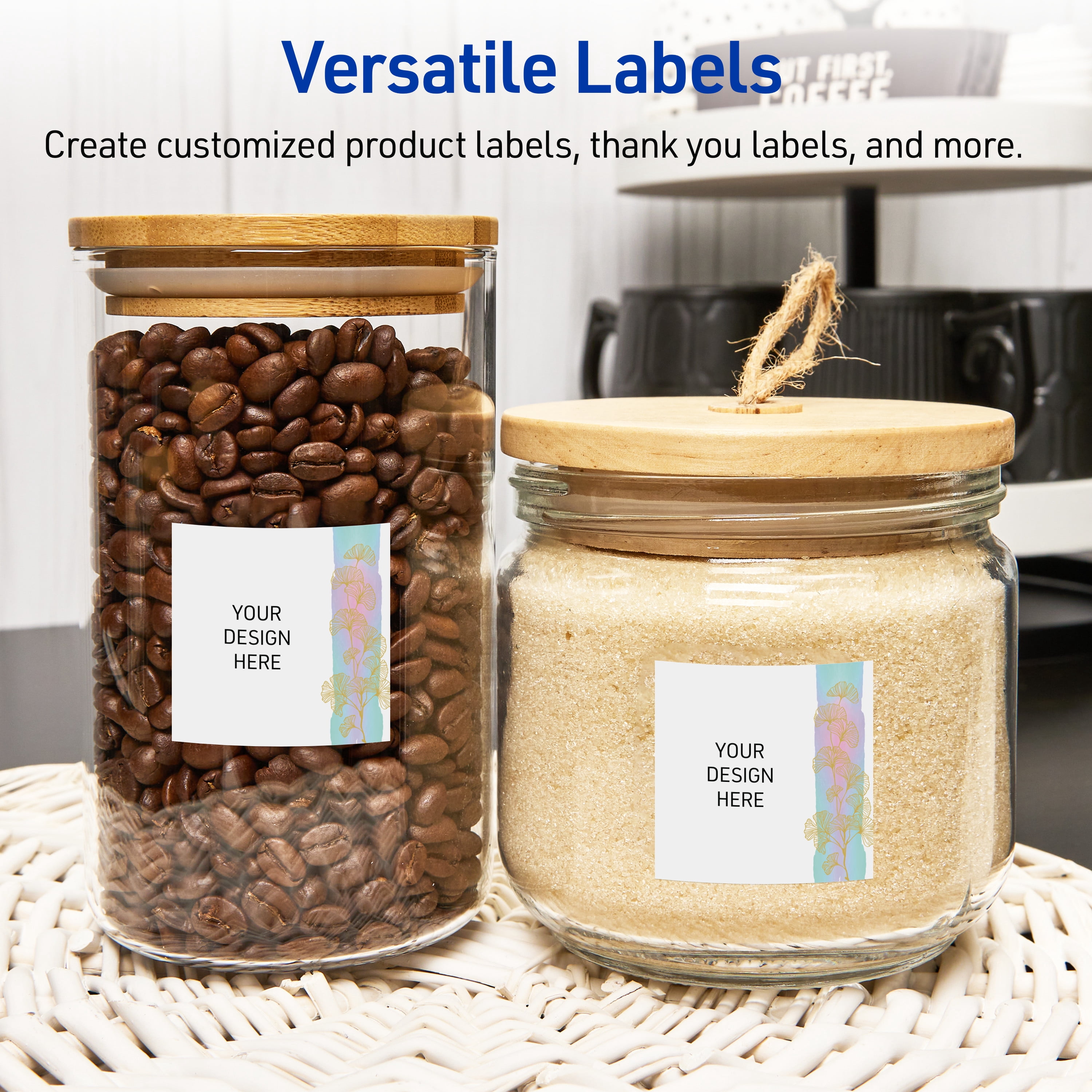 Avery Labels, 3" x 3", Matte White, Watercolors/Gold Ginkgo Leaves