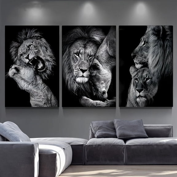 [2D Flat] 3pcs Lion Family Canvas Wall Art Set - Majestic Lion Portrait Prints, Black & White Animal Prints, Polyester Fiber, Frameless, Ideal for Bedroom, Living Room, Corridor Decor, Perfect Gift