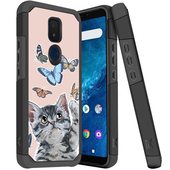 ANJ  Slim Dual Layer Hybrid Shockproof Case   Tempered Glass Cover for Cricket Icon 3, Splendor, AT&T Motivate 2 - Curious Cat