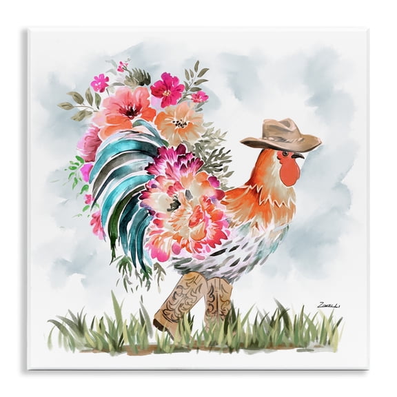 Stupell Industries Blooming Cowgirl Hen Animals & Insects Painting Unframed Art Print Wall Art, 12 x 12