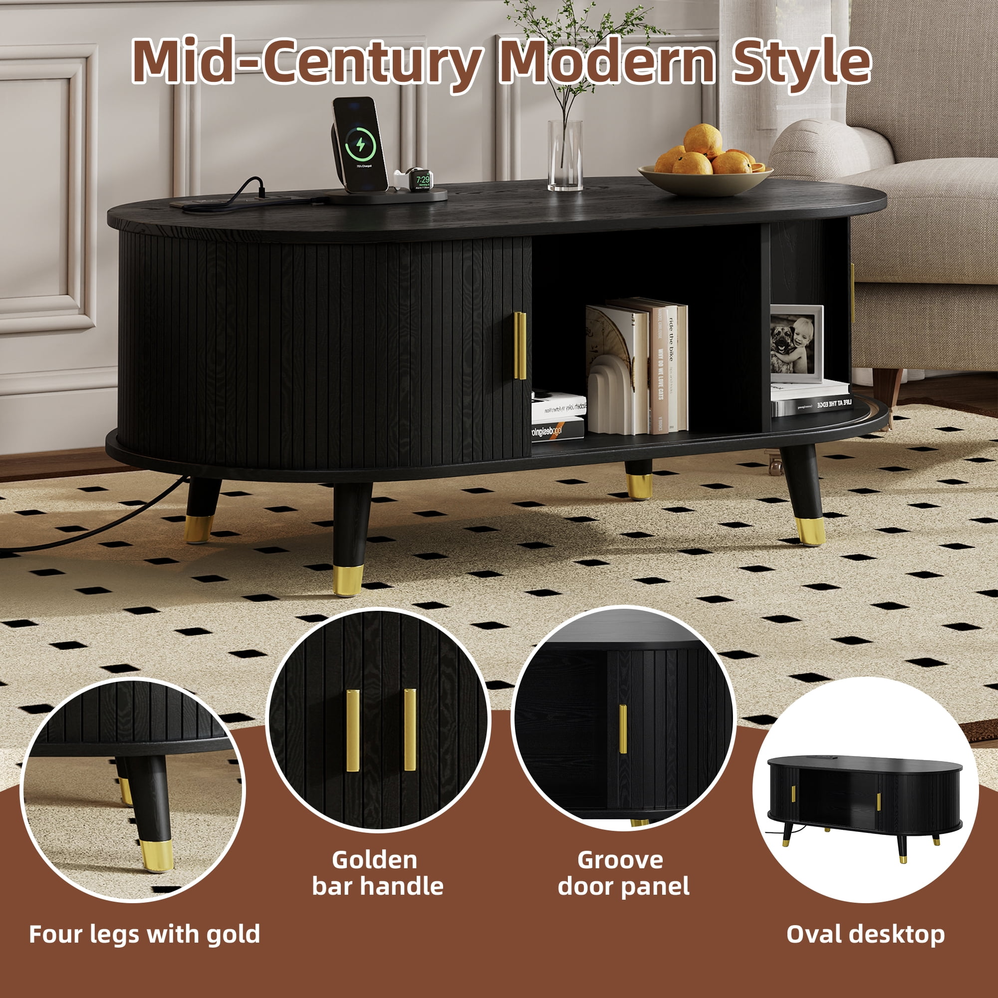 Euroco Mid-Century Modern Round Coffee Table with Fluted Sliding Doors, Charging Station, and Storage，Black