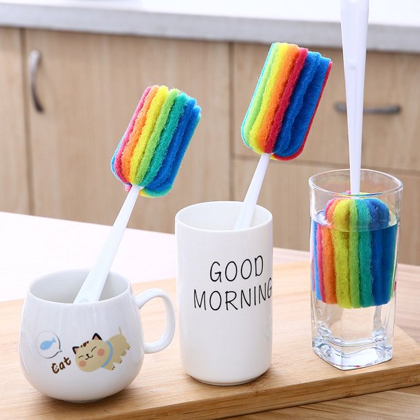 Cepillo de taza, cepillo de limpieza, cepillo de cocina, mango largo, cepillo de vidrio colorido para limpiar botellas y tazas