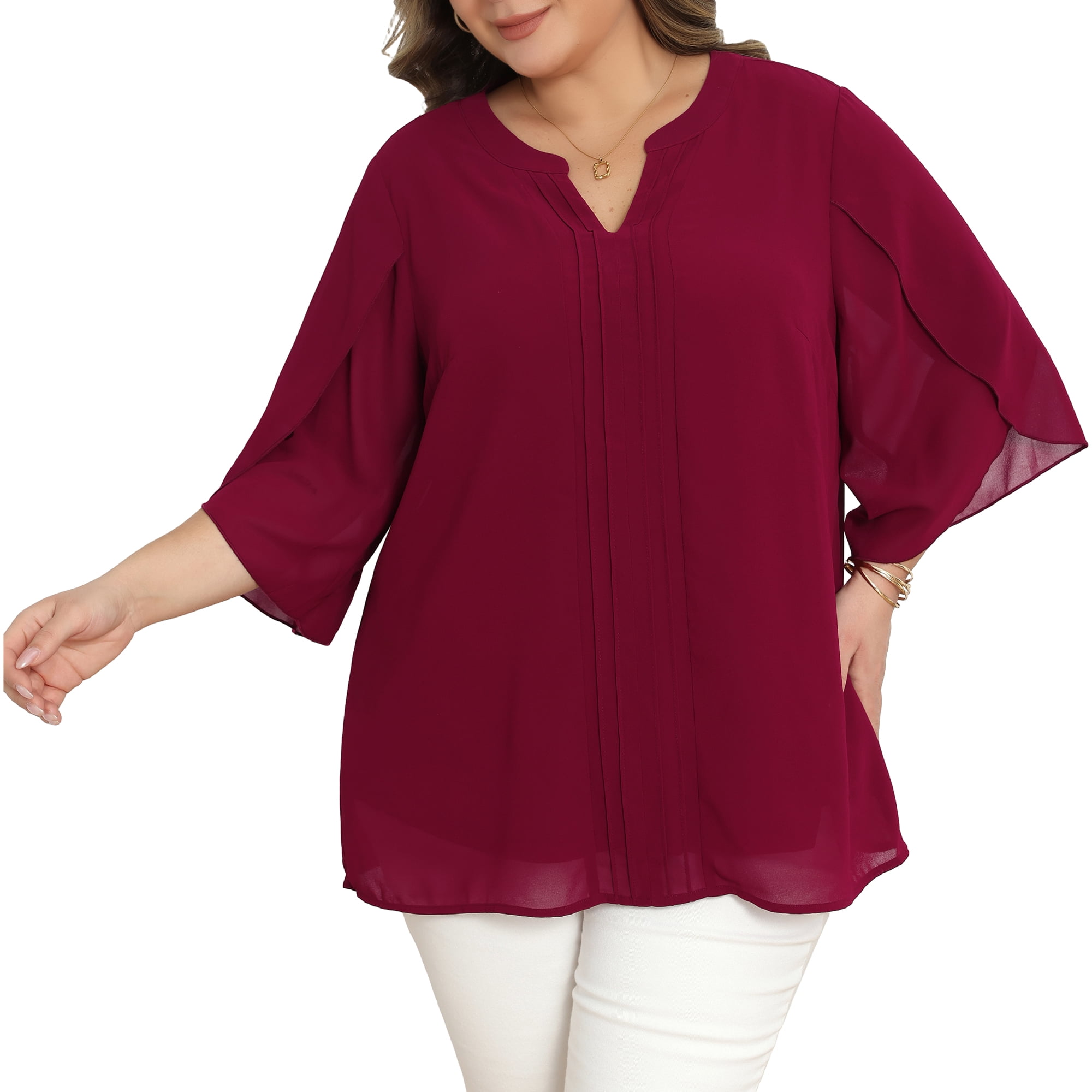 DARING DIVA Women's Plus Chiffon Pleated Front 3/4 Sleeve Top 3X Burgundy