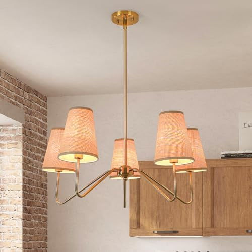 Chandeliers for Dining Room 5-Light with Extension Rods, 34 Inch Boho Rattan Chandelier Farmhouse Light Fixture, Boho Light Fixtures Ceiling for Living Room, Foyer, Kitchen Island, E26(Gold)