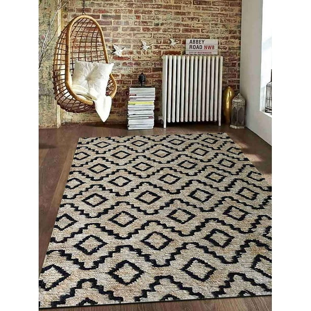 Rugsotic Carpets Hand Knotted Sumak Jute 4'x6' Ecofriendly Area Rug Geometric Beige Black