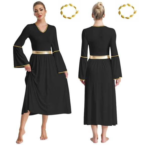 TiaoBug Womens Ancient Greek Queen Roman Gold Trim Dress Robe with Headwear Black L