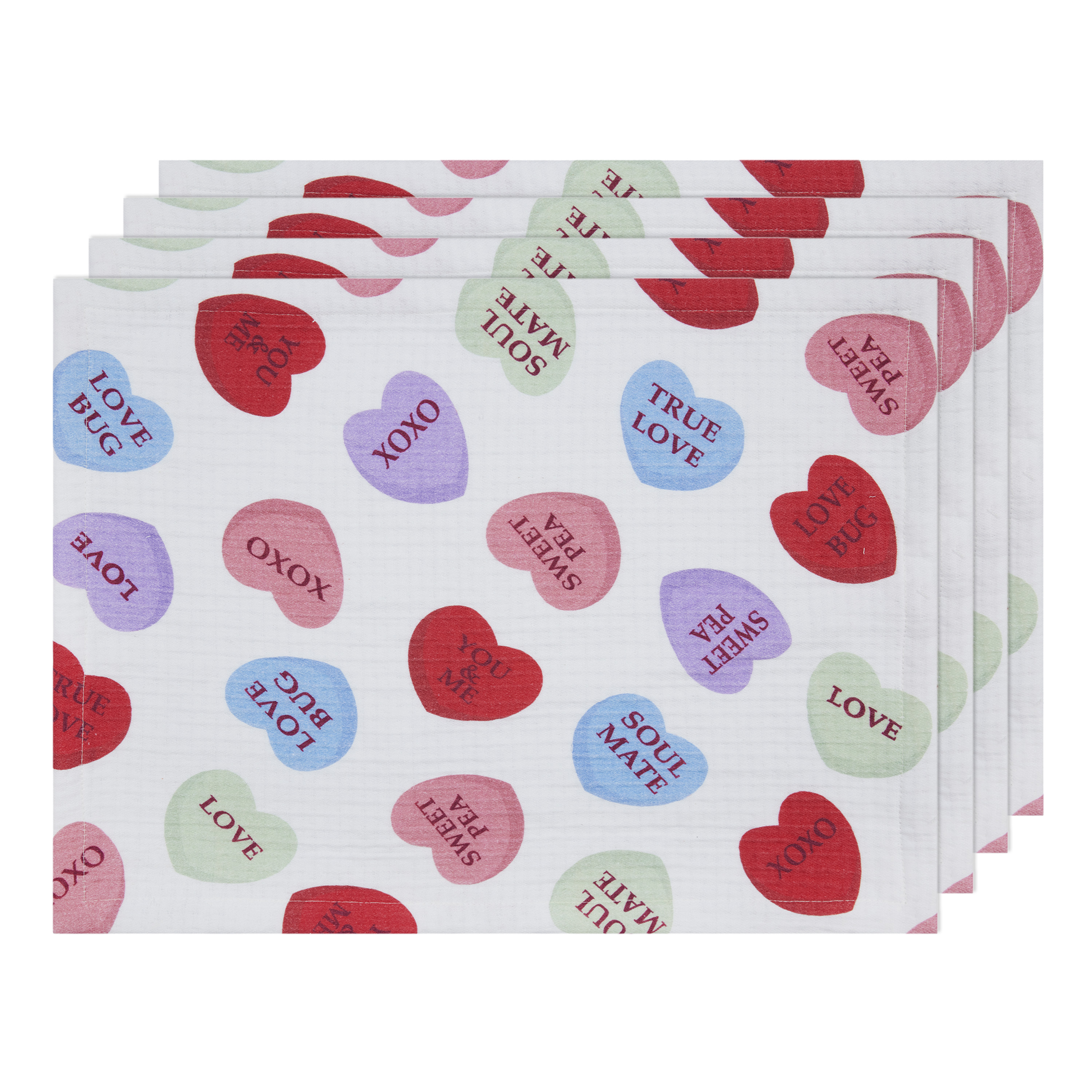 Conversation Hearts 4 Pack Table Placemat Set - 14" x 19" Each - 100% Cotton, Multi-color