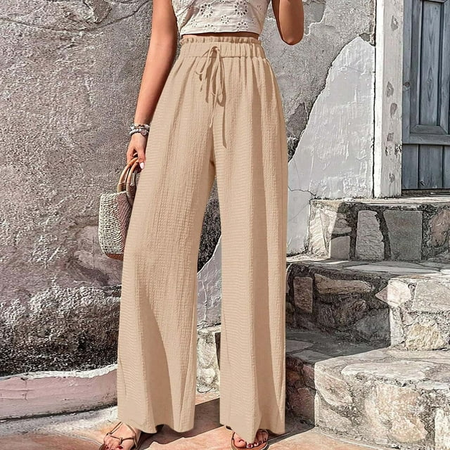 LOVZFMLL Women's Pants, Spring Solid Color Elastic Waist Straight Leg Casual Wide Leg Pants Beige, S