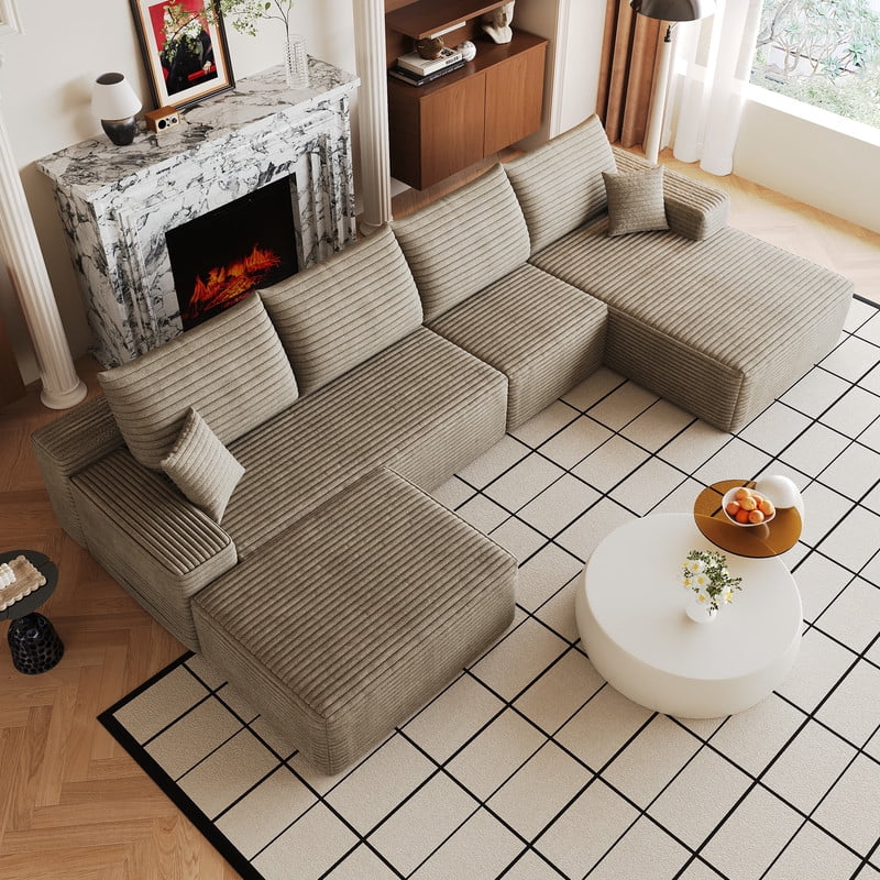 135" Cloud Sectional Sofa with Ottoman, U Shaped Modular Sectional Couch, Modern Minimalist Deep Seat Upholstered Sofa with Chaise, Plush Corduroy Fabric Living Room Sofa Set, No Assembly Required