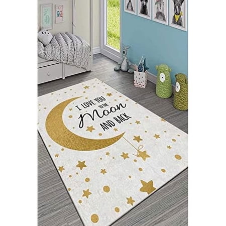 LaModaHome Area Rug Non-Slip - Cream Moon and star Soft Machine Washable Bedroom Rugs Indoor Outdoor Bathroom Mat Kids Child Stain Resistant Living Room Kitchen Carpet 5.9 x 9.3 ft