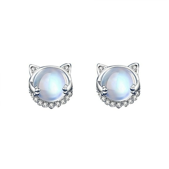 Bellitia Jewelry Moonstone & CZ Diamond Stud Earrings, White Gold Plated Sterling Silver Cat Pet Animal Earrings for Women, Hypoallergenic Jewelry Gifts for Sensitive Ears