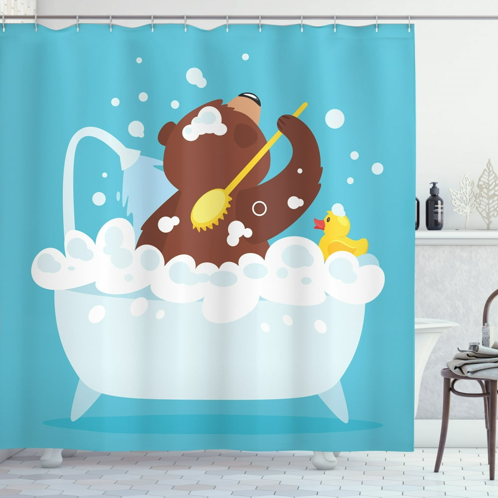 Funny Bear Shower Curtain, Cartoon Style Illustration of a Grizzly Bear
