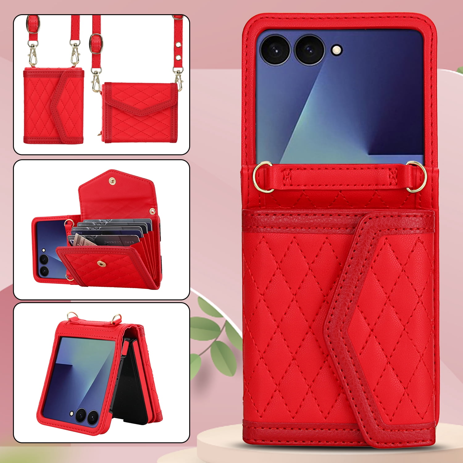 ShellTech for Samsung Galaxy Z Flip 7 PU Leather Flip Case with Wrist Strap, RFID Blocking PU Leather Crossbody Wallet Phone Case with Card Slot Cash Pocket Kickstand Case Cover,Red