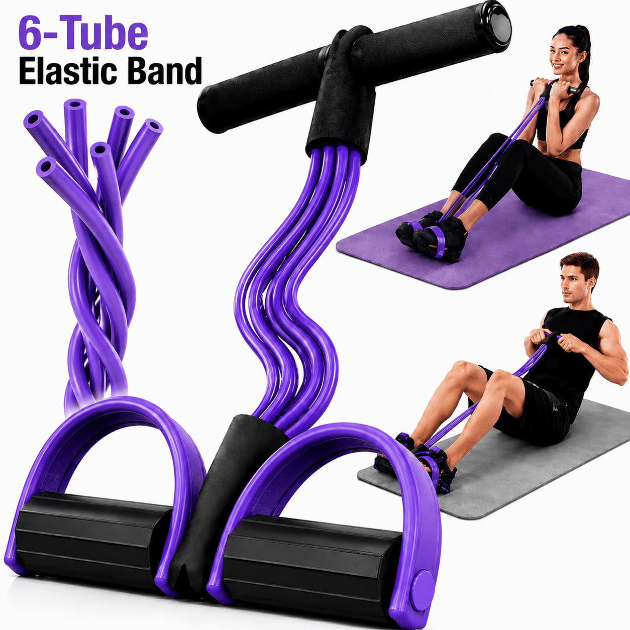 Multifunction Exercise Bands with Handles , 6-Tube Elastic Yoga Pedal Puller Resistance Band, Natural Latex Handle Pedal Resistance Band ,Tension Rope for Abdomen/Waist/Arm/Leg