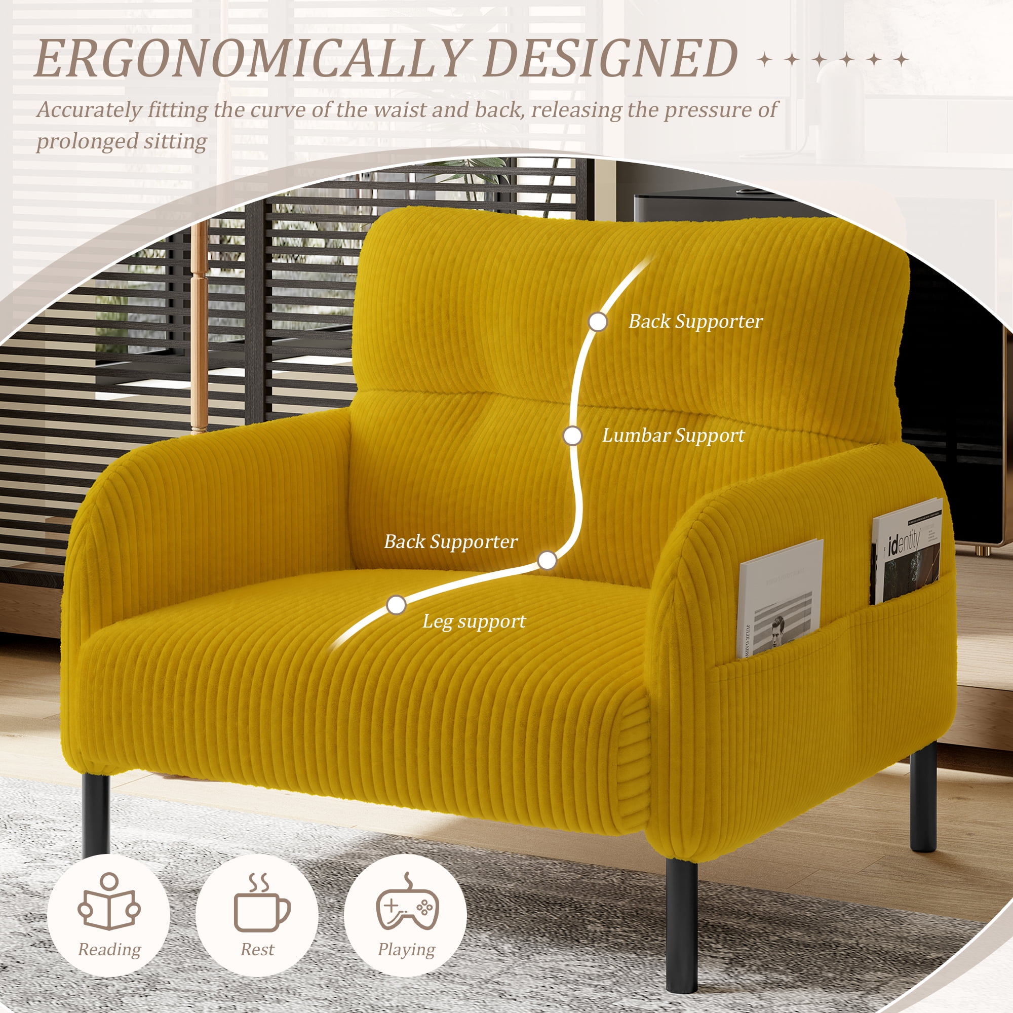 Modern Accent Chair,Armchair,Corduroy Fabric Sofa Chairs,Upholstered Armchair for Living Room,Bedroom,Office,Yellow