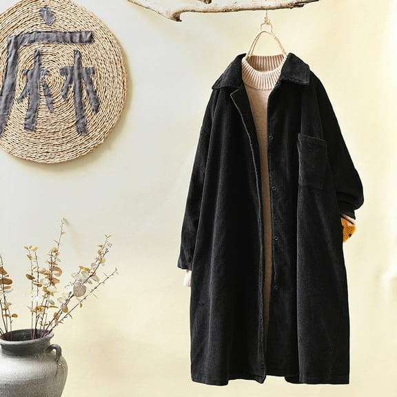 Women's Long Jackets Corduroy Shirt, Long Sleeve Button Blouses Tops with Pockets, Plus Size Loose Overcoat Trench Coats Womens Long Jackets Black M