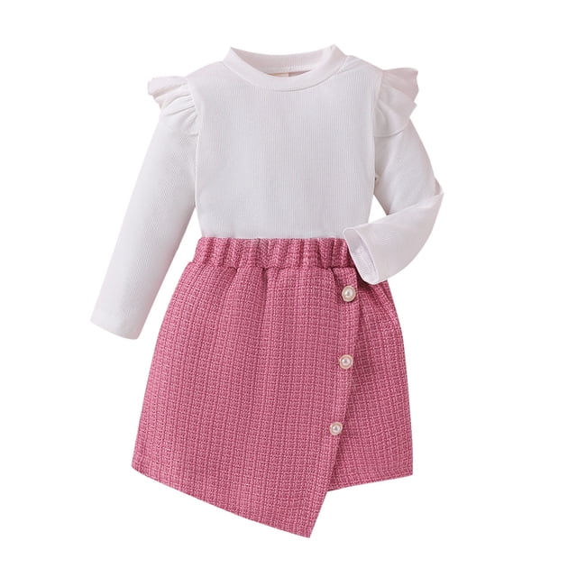 Gibobby Conjunto de 2 piezas de ropa para bebé y niño Niñas pequeña, camisa de manga larga con volantes, falda asimétrica y falda plisada(Rosa caliente, 1-2 Años)