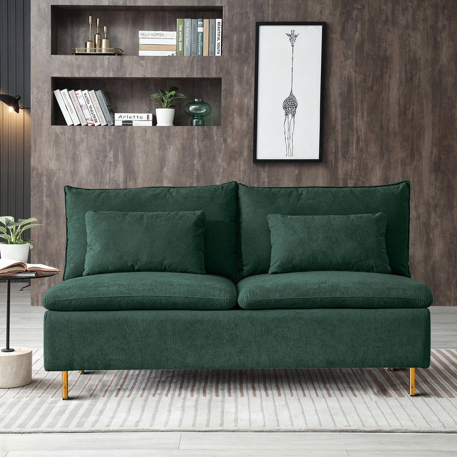 Leisure Linen Fabric Upholstered Armless Loveseat Sofa with 2 Throw