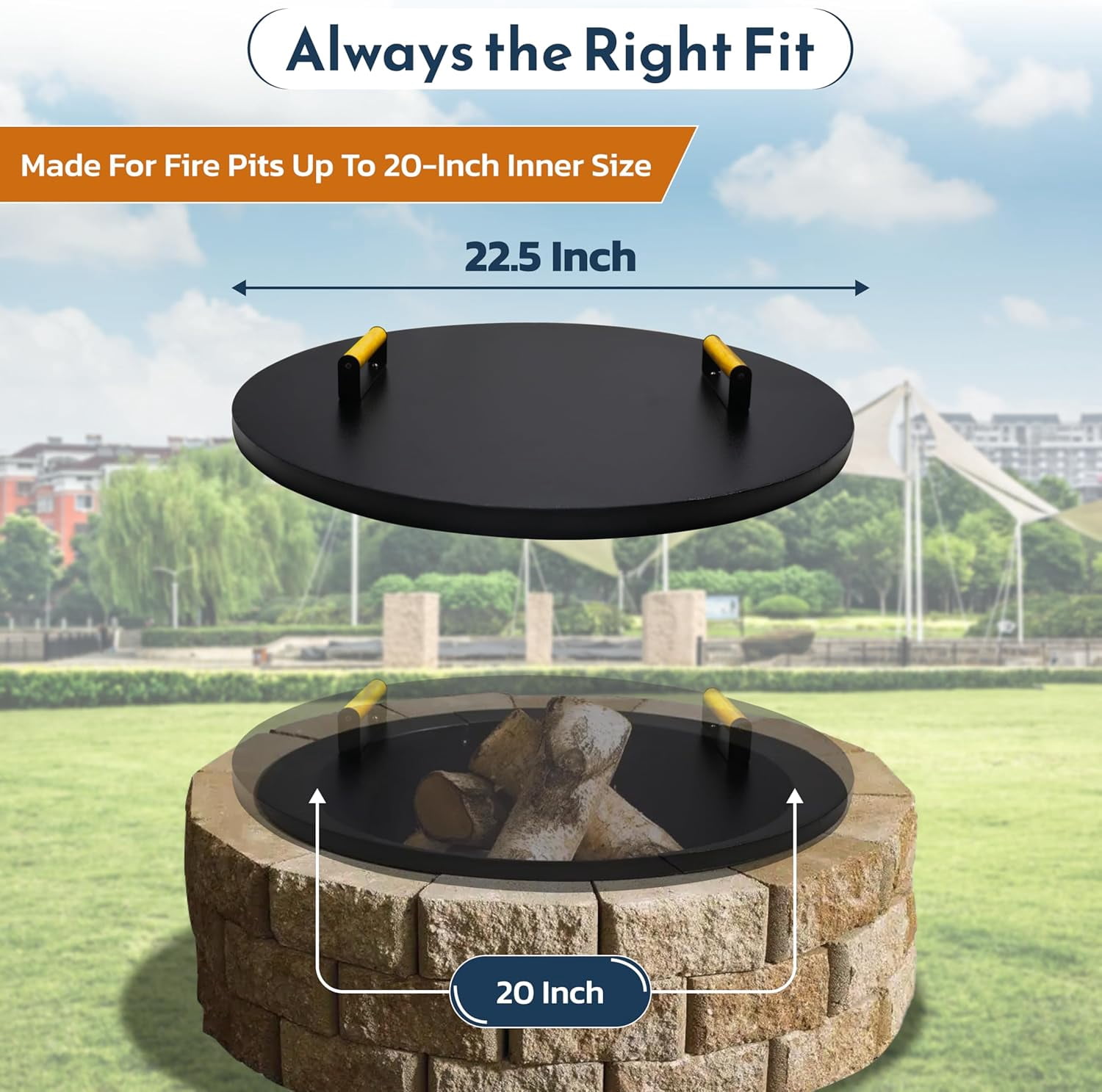FEBTECH 22.5" Firepit Lid Cover Compatible for 22.1 Smokeless Fire Pit with Dual Wooden Handles