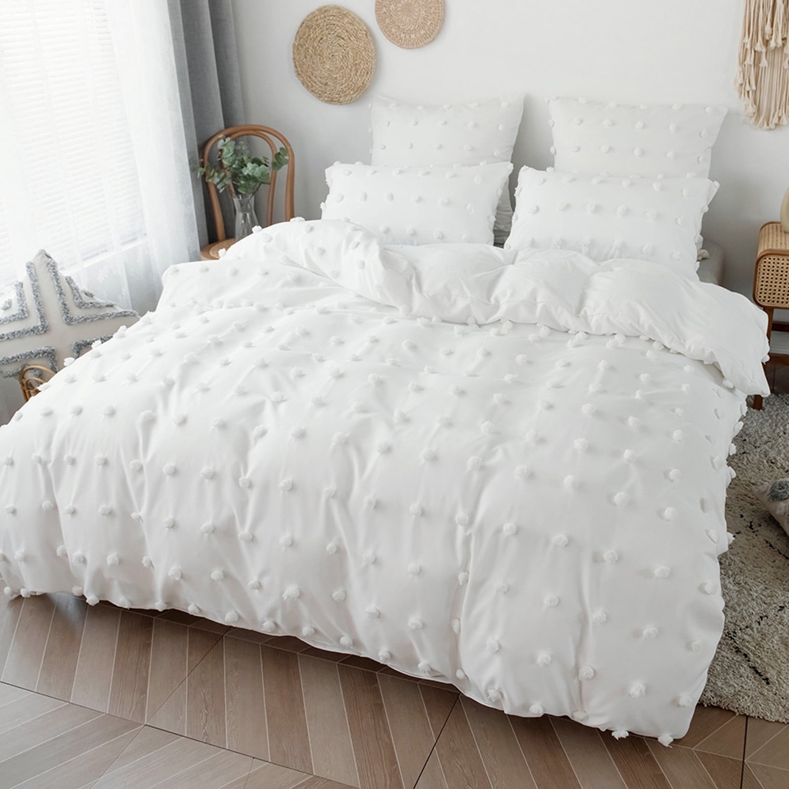 Qookiee White Tufted Dot Duvet Cover Sets Queen Size Boho Soft Embroidery Shabby Chic Duvet Covers 100% Soft Luxury Microfiber Washed Bohemian Bedding Sets 1 Duvet Cover 90x90 in and 2 Pillow Shams