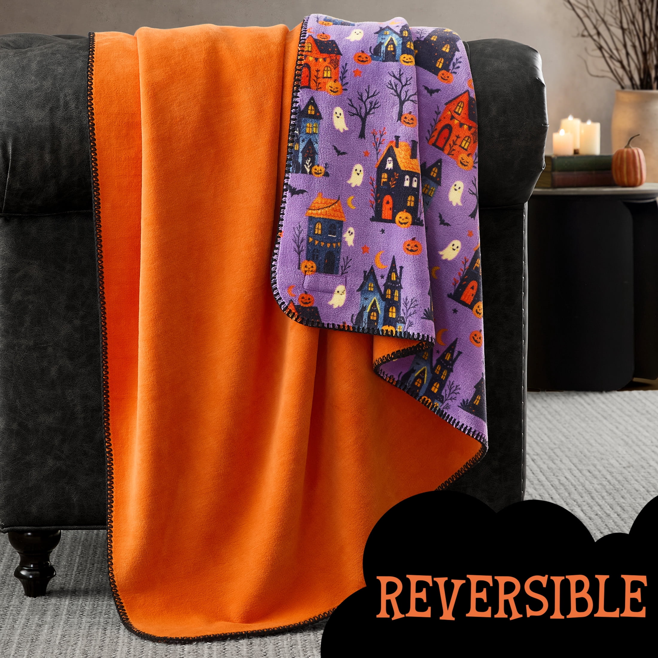 Boo-tique Halloween Reversible Oversized Couch Throw Blanket, Haunted Houses, Purple, 50 x 72 in