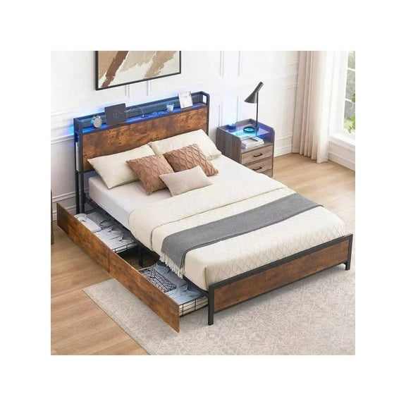 Cama Matrimonial Full Base + Cabecera + 4 Cajones Led Usb