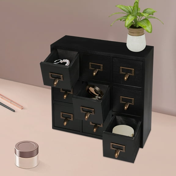 9-Drawer Apothecary Cabinet for Desk Organization, Rustic Storage Organizer with Metal Handles, Label Slots for Office or Home Use