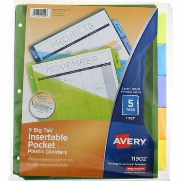 Avery Plastic 5-Tab Binder Dividers with Pocket, Insertable Multicolor Big Tabs, 1 Set (11902)