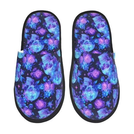 Balery Skull flower star sky Slient Indoor Furry Fleece Comfort House Shoes Soft Non-Slip Home Shoes Cotton slippers House Slippers-- Large