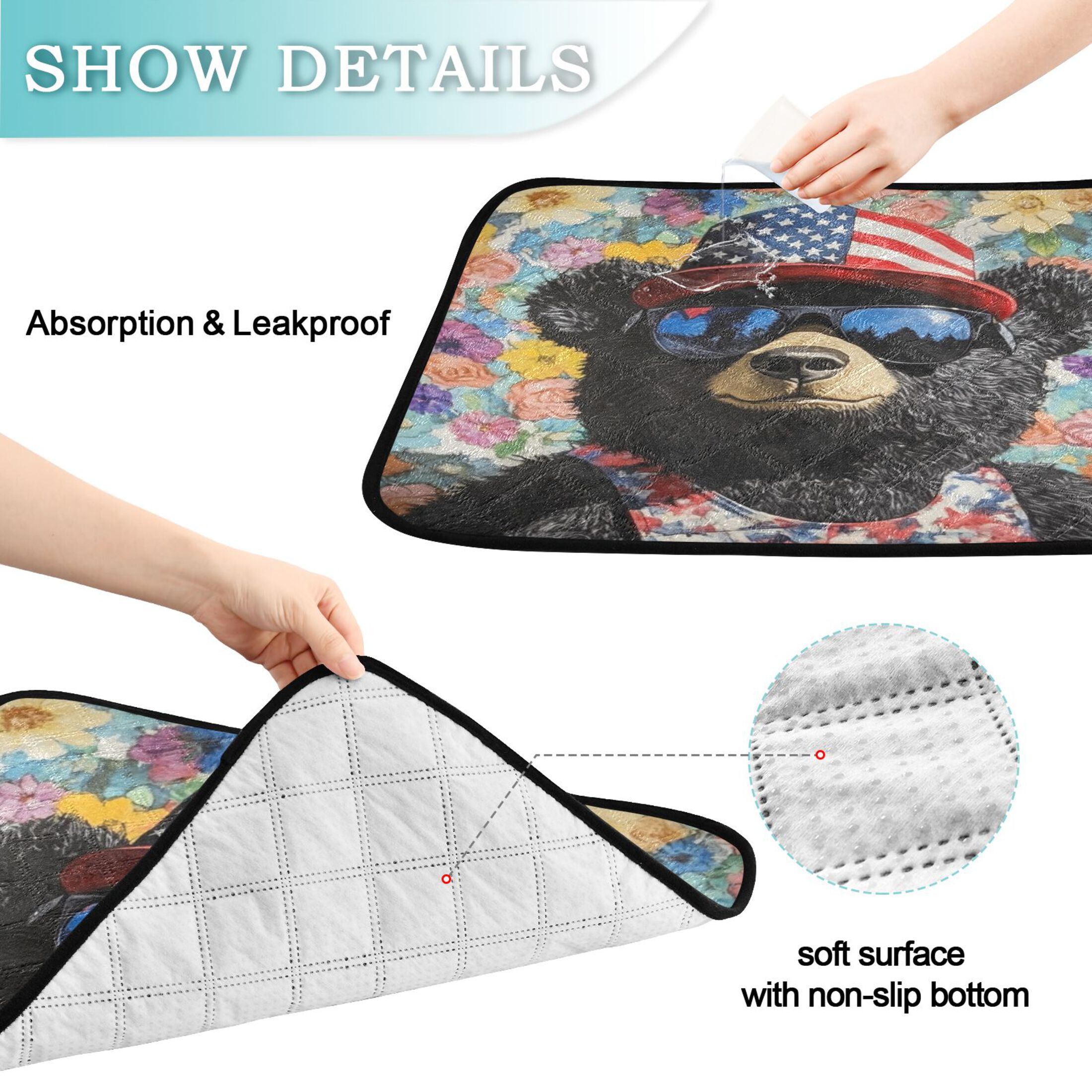 Qxltty Black Teddy Bear Cat litter Pads Pet Set of 3 Diaper Mats Center Anti-leakage Layer Absorbent Soft and Comfortable
