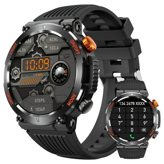 Smart Watch For Men (Answer/Make Call), Tactical Outdoor Sports Smartwatch With LED Flashlight Compass Pedometer Long Battery Life, Sleep Monitor Fitness Tracker Watches For iPhone & Android Phones