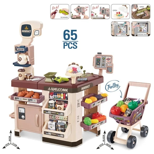 Children‘s Home Kitchen Spray Simulation Supermarket Shopping Cart Cashier Scanner Toy Combination Set