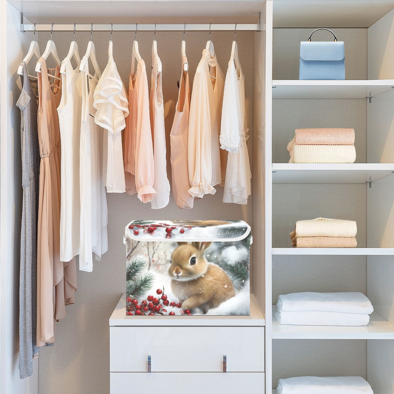 Snow Rabbit Easter Storage Basket for Shelves Foldable Container Organizer for Organizing Toys Clothes Books with Handles
