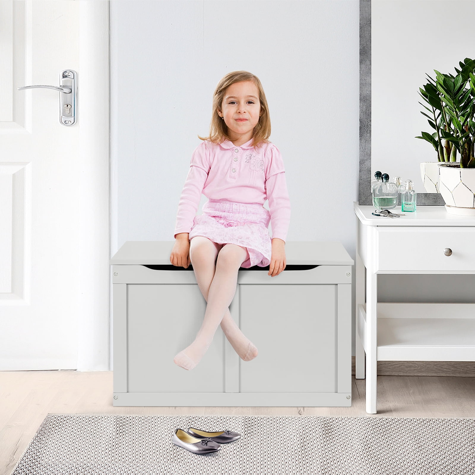 Costway Wooden Toy Box Kids Storage Chest Bench W/ Flip-Top Lid & Safety Hinge