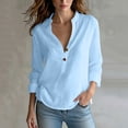 thumbnail image 2 of VBVC Women's Cotton Linen Henley Shirt , V-Neck Standing Collar Blouses For Women , Ladies' Long Sleeve Tops with Pockets,Light Blue,S-2XL, 2 of 10