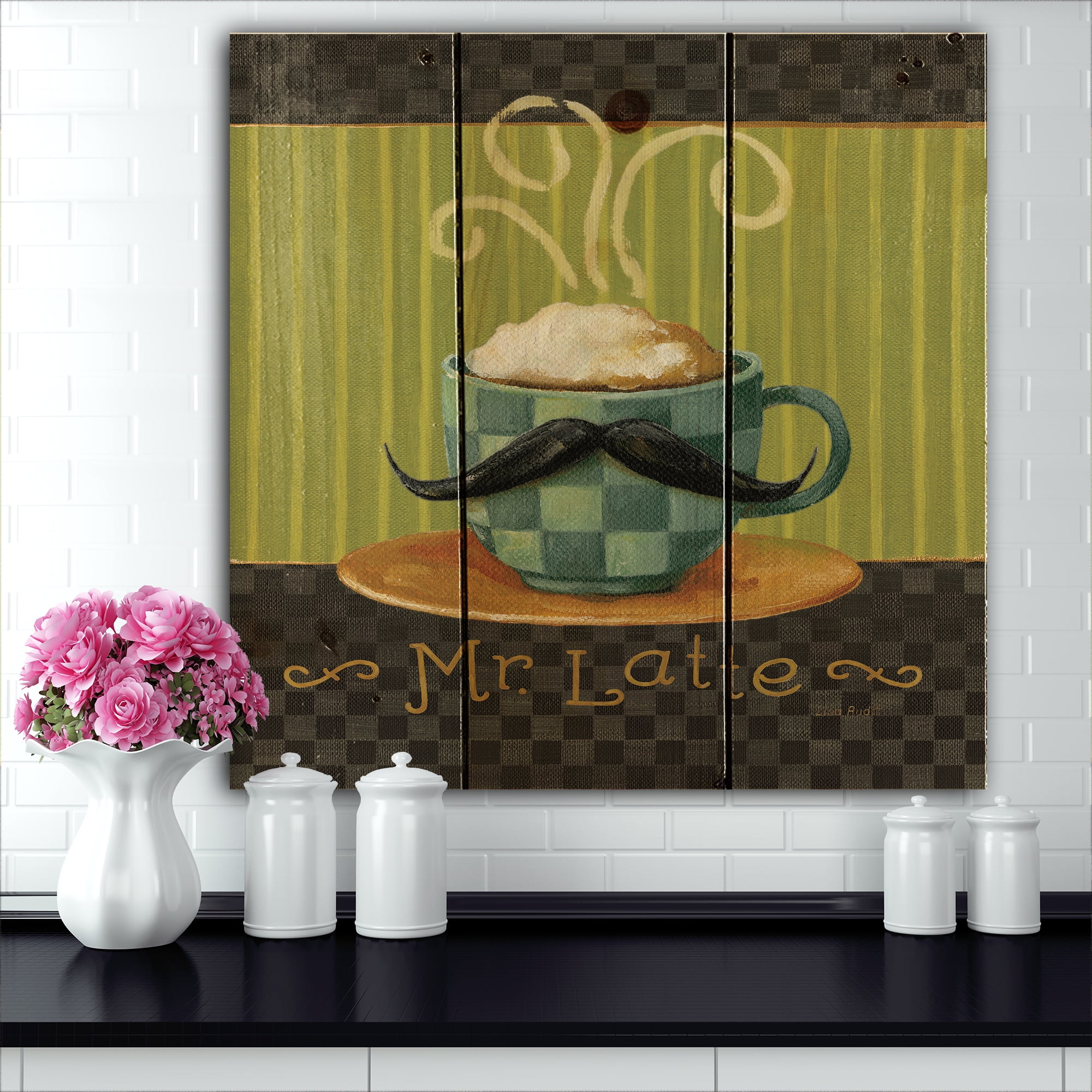 Designart 'Kitchen Cafe Moustache I' Kitchen Print on Natural Pine Wood