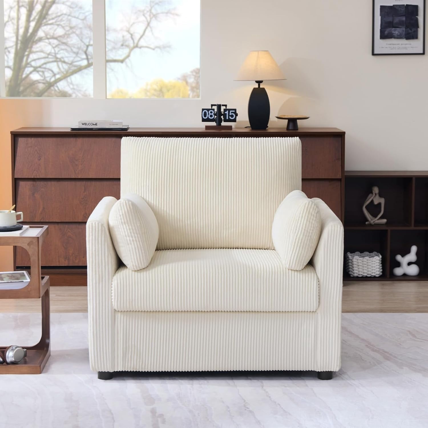 37.75" Corduroy Accent Chair, Modern Upholstered Armchair with Side Storage Pockets & 2 Pillows, Comfy Oversized Single Sofa for Living Room, Beige