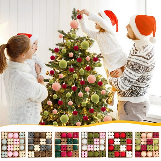 72 Bolas Navideñas de Terciopelo Flocadas, Adornos Navideños de Plástico, Adornos Colgantes Decorativos para Árbol de Navidad.