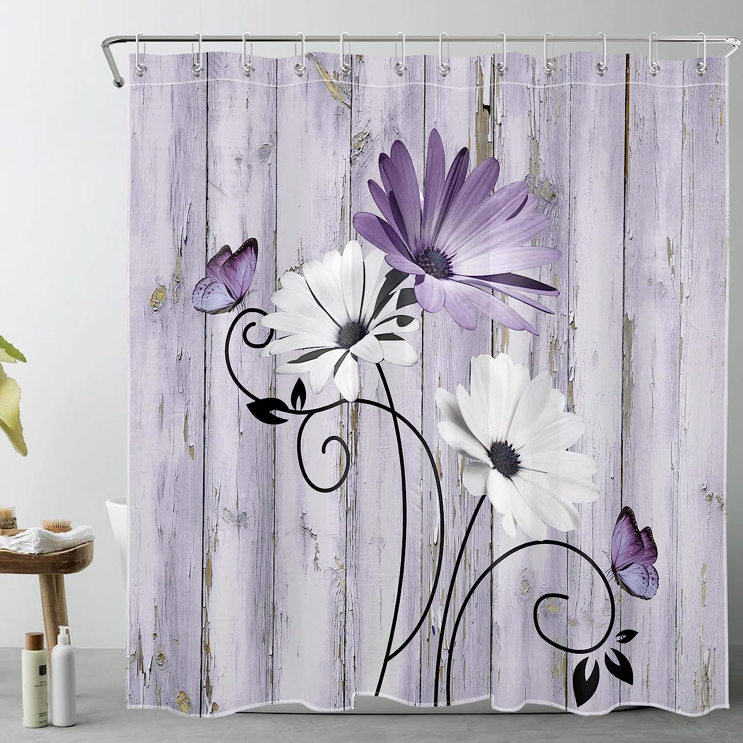 SPXUBZ Purple and White Floral Shower Curtain Butterfly on Farmhouse ...