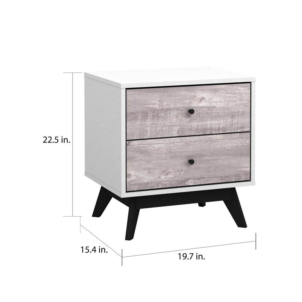 TMS Crislana Mid-Century Nightstand with Two Gray Faux Concrete Drawers, WHite/Black