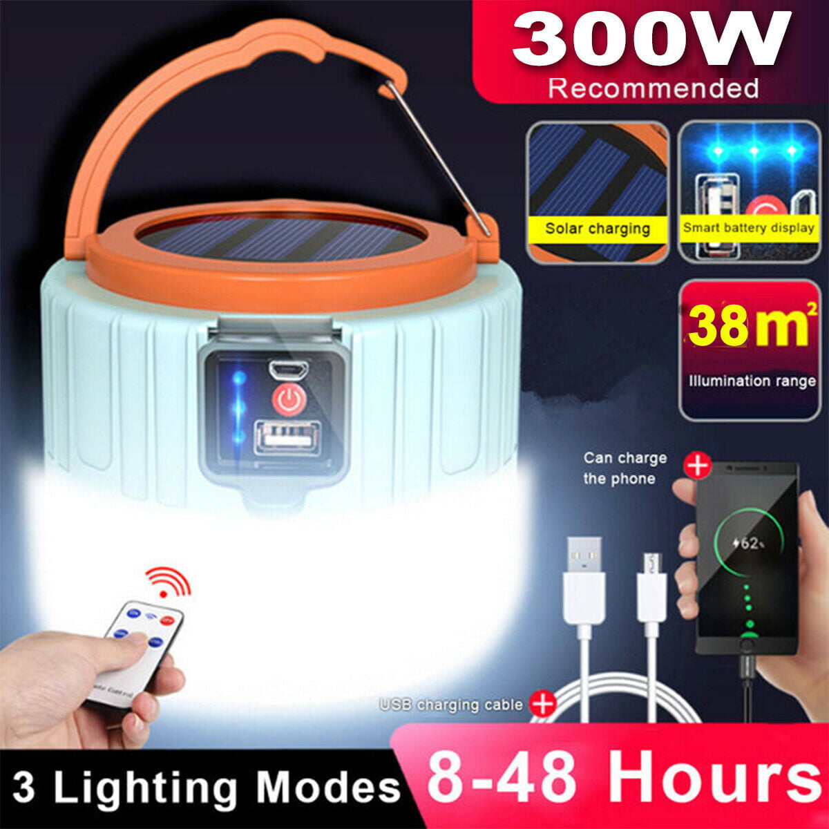 Remote Control Solar LED Camping Lantern USB Rechargeable Light Bulb Tent Light